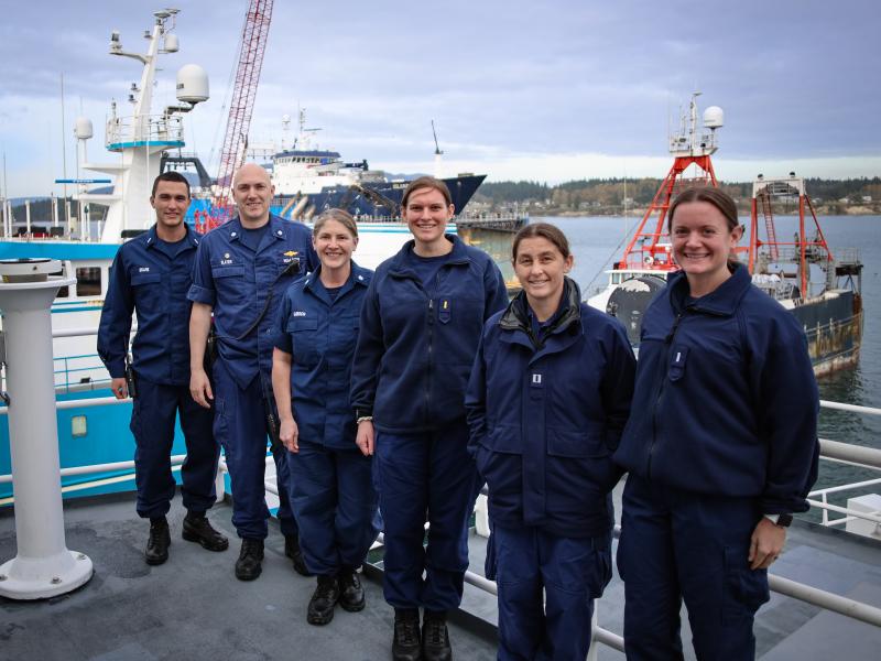 A group of NOAA Corps officers aboard Ship Bell M. Shimada after docking in Anacortes, Washington