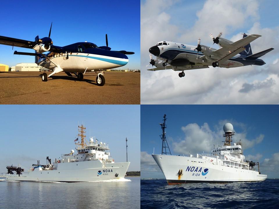 A collage with two aircraft on top and two ships on the bottom
