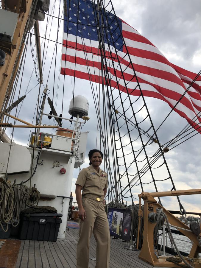 Anna Gordon on USCG Eagle, May 2022, Norfolk VA under a US flag
