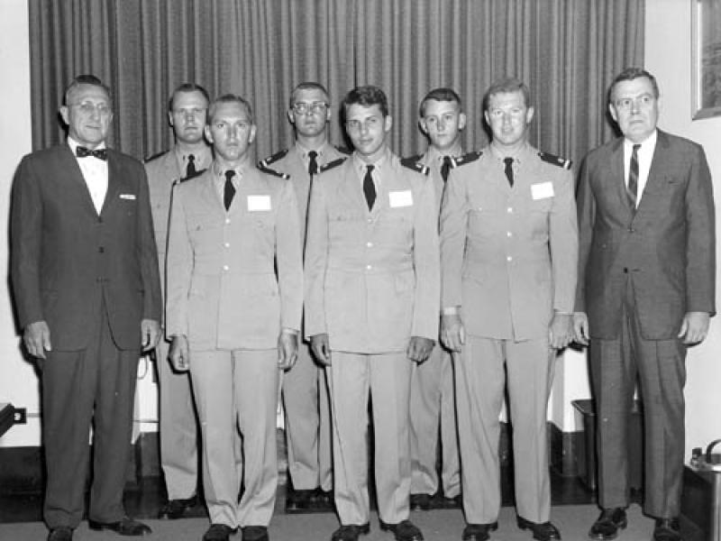 (left to right) Adm. Karo, Donald G. Popejoy, Rolland L. Lech, Eugene A. Jones, Robert A. Ganse,  Jon W. Drosendahl, David V. Si