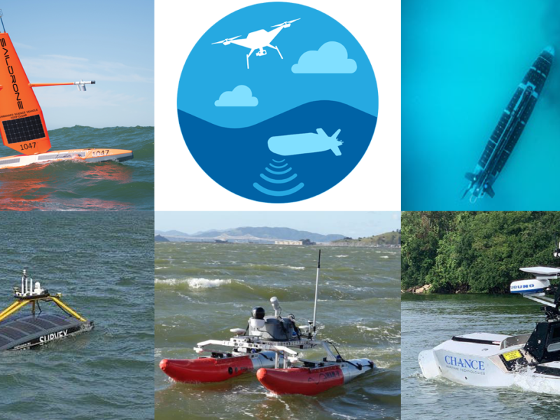 A collage showing a Saildrone, an uncrewed underwater vehicle, and three uncrewed surface vehicles
