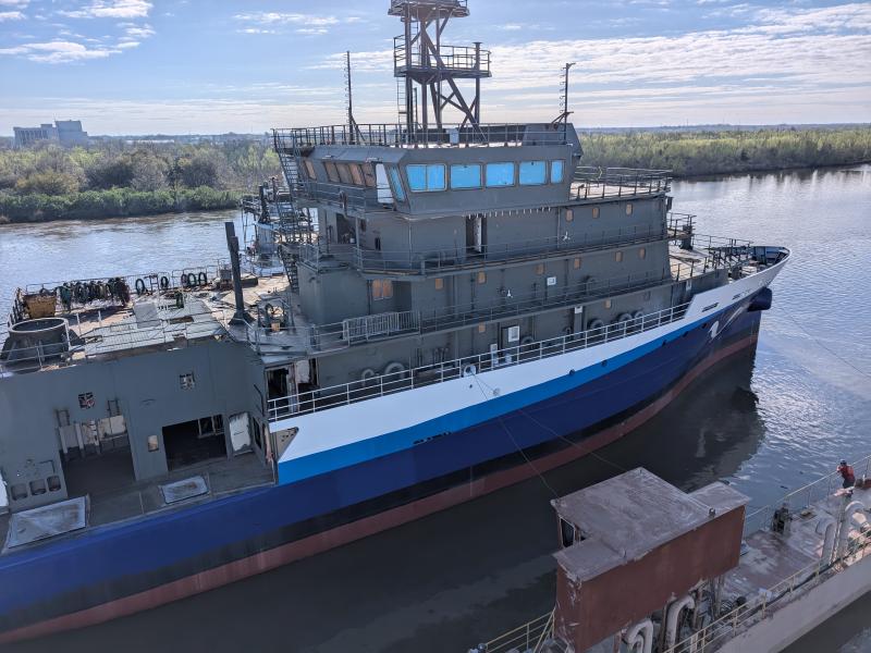 Discoverer, a new ship being built for NOAA, is launched into the water. 