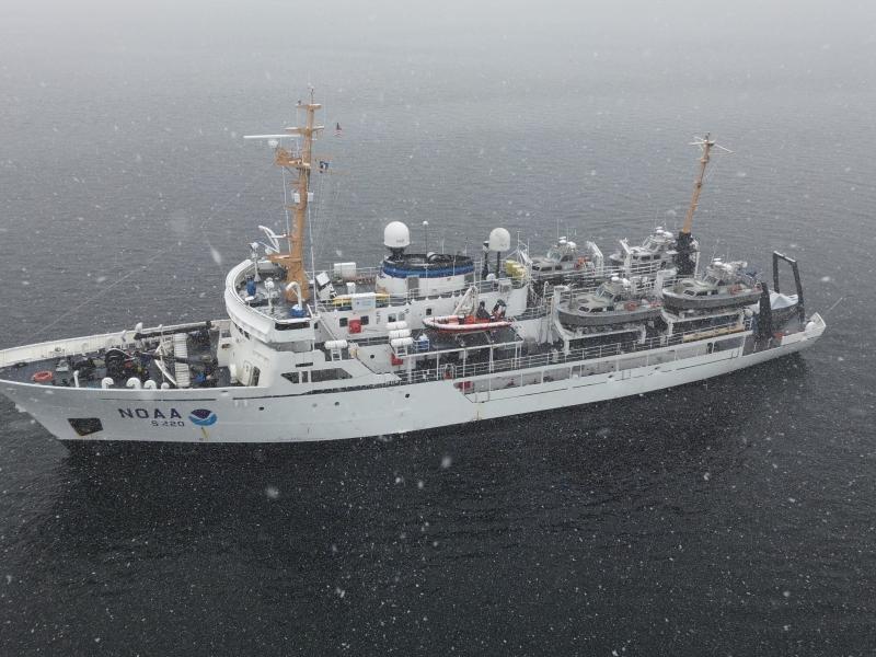 NOAA Ship Fairweather in snowy Alaska waters.