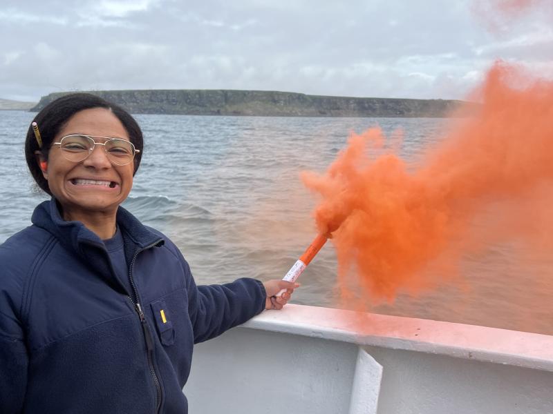 Gordon on Fairweather, June 2023, St Paul AK, demonsttrating how to use a flare.