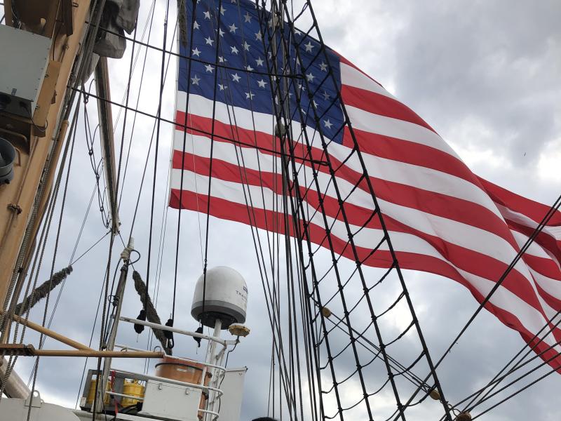 Anna Gordon on USCG Eagle, May 2022, Norfolk VA under a US flag