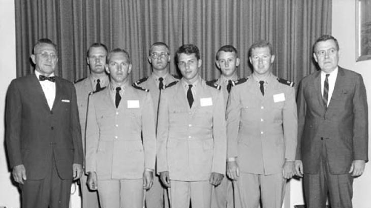 (left to right) Adm. Karo, Donald G. Popejoy, Rolland L. Lech, Eugene A. Jones, Robert A. Ganse,  Jon W. Drosendahl, David V. Si