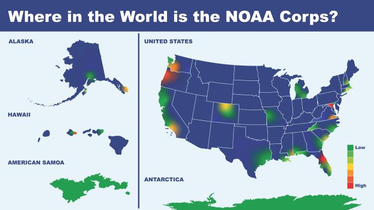 This is a color coded world map that shows the geographic location of all NOAA Corps billets. 