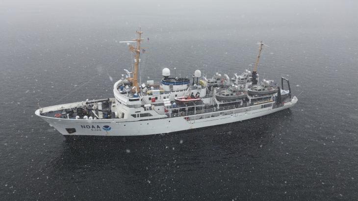 NOAA Ship Fairweather in snowy Alaska waters.