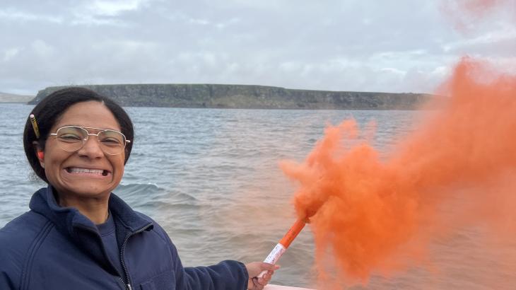 Gordon on Fairweather, June 2023, St Paul AK, demonsttrating how to use a flare.