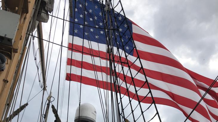 Anna Gordon on USCG Eagle, May 2022, Norfolk VA under a US flag