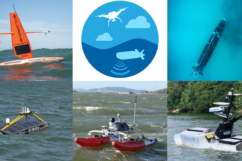 A collage showing a Saildrone, an uncrewed underwater vehicle, and three uncrewed surface vehicles