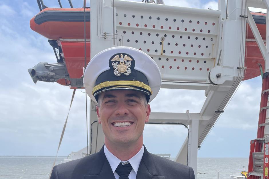 LCDR Dustin Picard on the deck of NOAA Ship Nancy Foster.