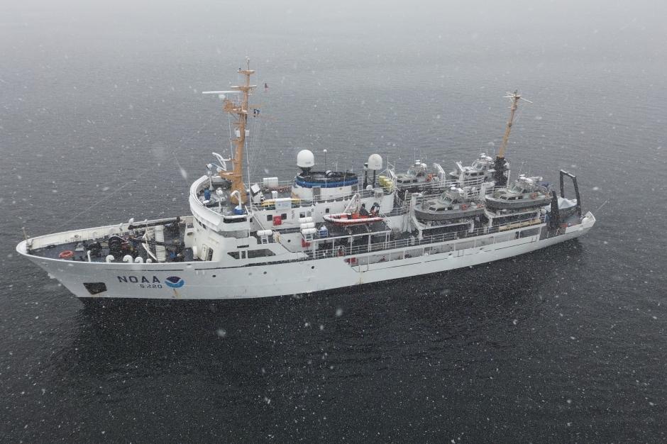 NOAA Ship Fairweather in snowy Alaska waters.