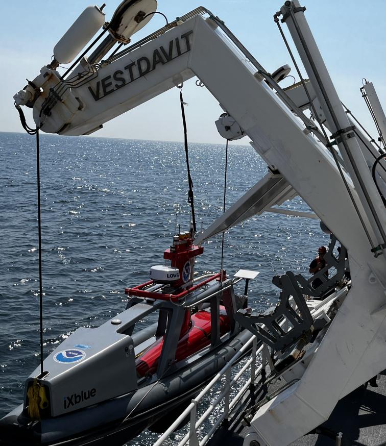 A gray davit arm extends over the edge of a ship. The DriX deployment gondola with a red DriX are being lowered by the davit.